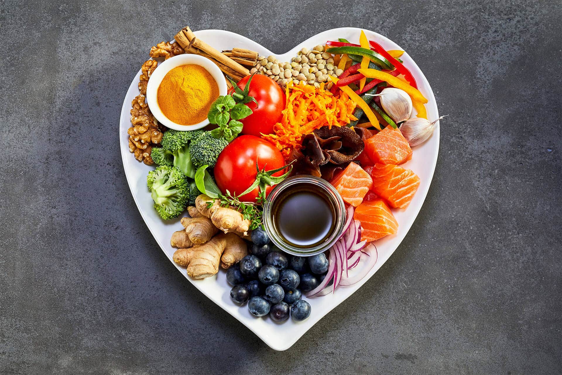 Healthy Food on a heart shaped plate