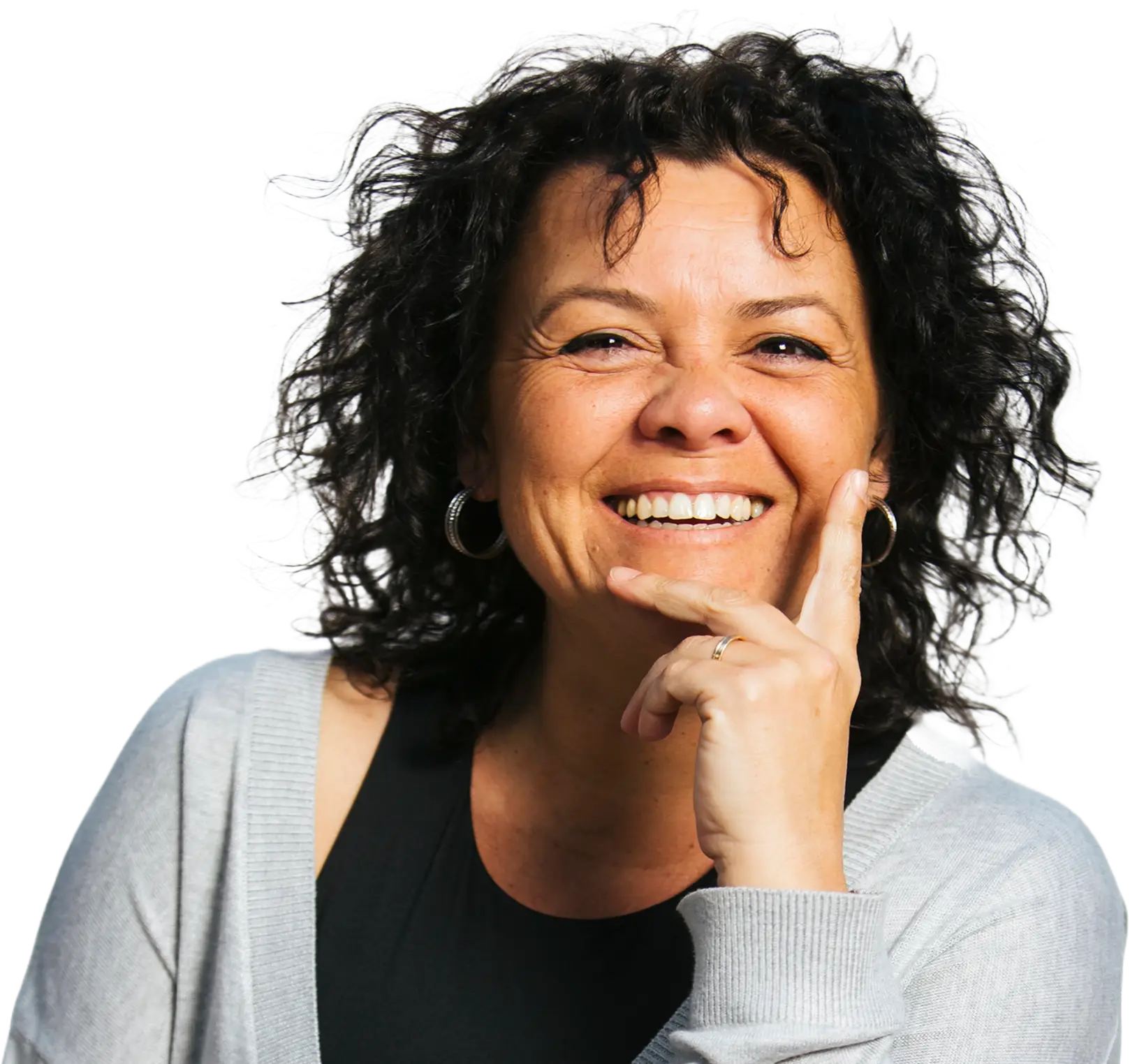 Main-Squiggle_Style-1_Blue 2 1 smiling woman with curly hair and hoop earrings